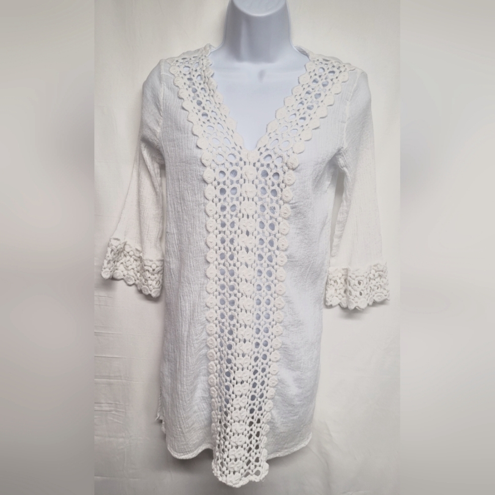 Flint & Moss Beach S Tunic Top Eyelet Lace Trim Bright White Gauze Fabric